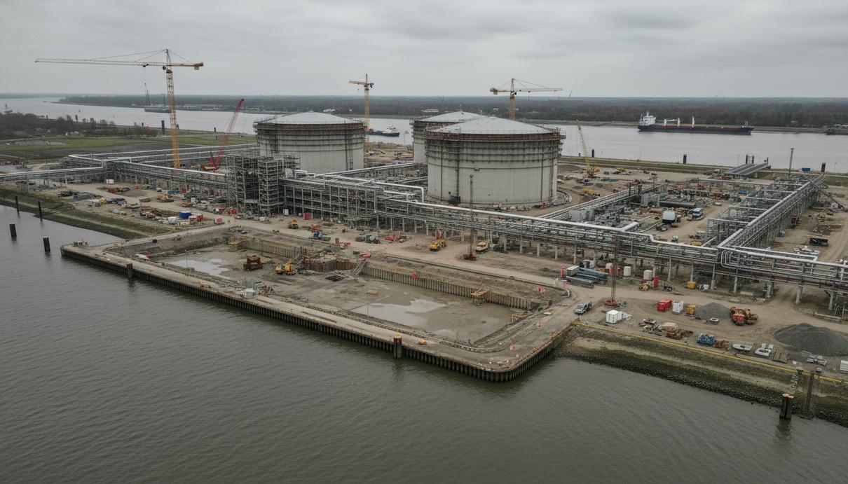 Терминал в Штаде: компания Nikkiso поставит насосы для СПГ-терминала Промышленный пейзаж с массивными резервуарами и сетью трубопроводов на строящемся газовом терминале
