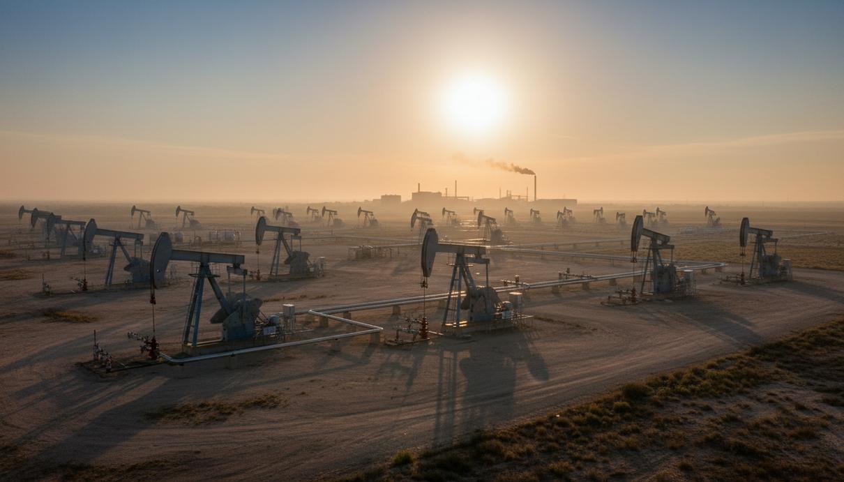 Промышленный пейзаж с нефтяными вышками-качалками в открытом поле на фоне утреннего неба