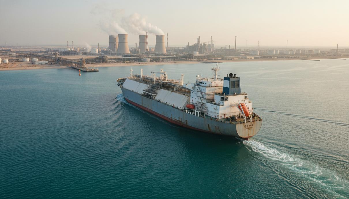 Танкеры из Катара сменили пункты назначения ради прохода через Ормузский пролив Морской танкер для перевозки газа на фоне промышленного берегового терминала и кранов.