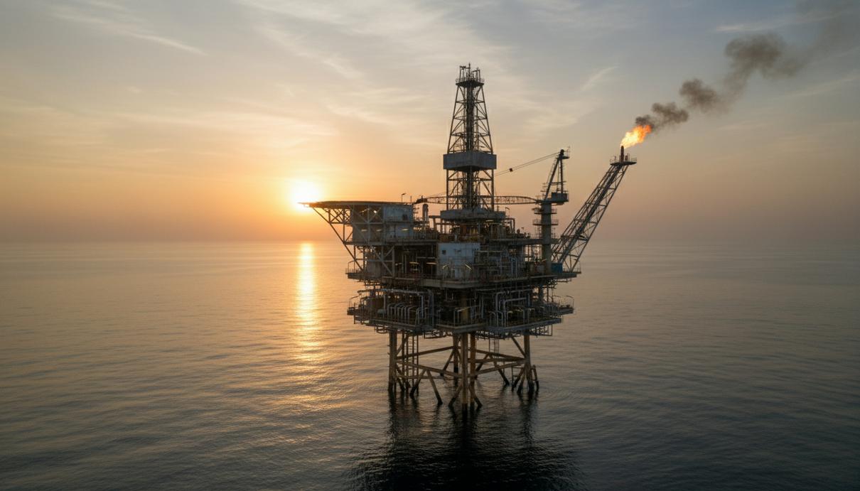 Морская нефтяная платформа в Аравийском море, стальные опоры и буровая вышка на фоне неба.