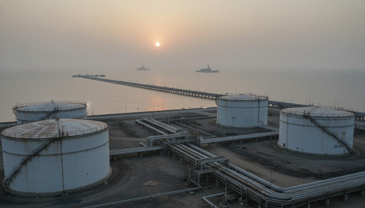 США нанесли удары в районе острова Харг: нефтяная инфраструктура не пострадала Промышленные резервуары и терминалы нефтяного порта на побережье на фоне моря и военных кораблей.