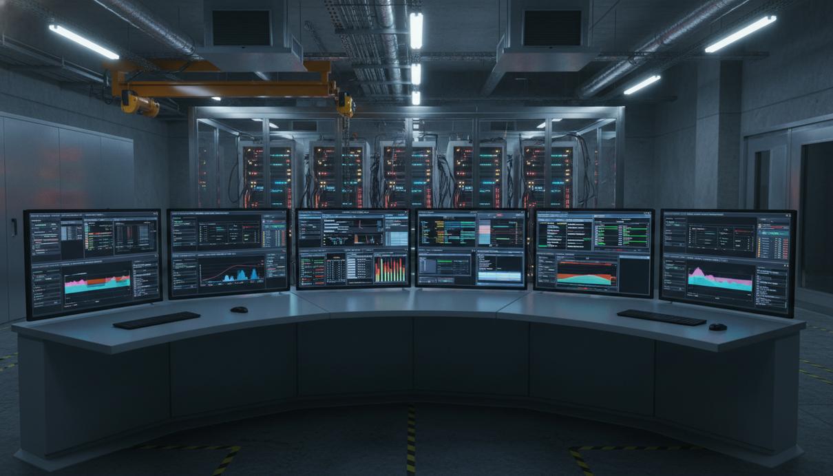 Emerson внедрила интеллект в Guardian: новые возможности автоматизации Современный центр управления промышленным предприятием с мониторами, на которых отображаются графики и данные.