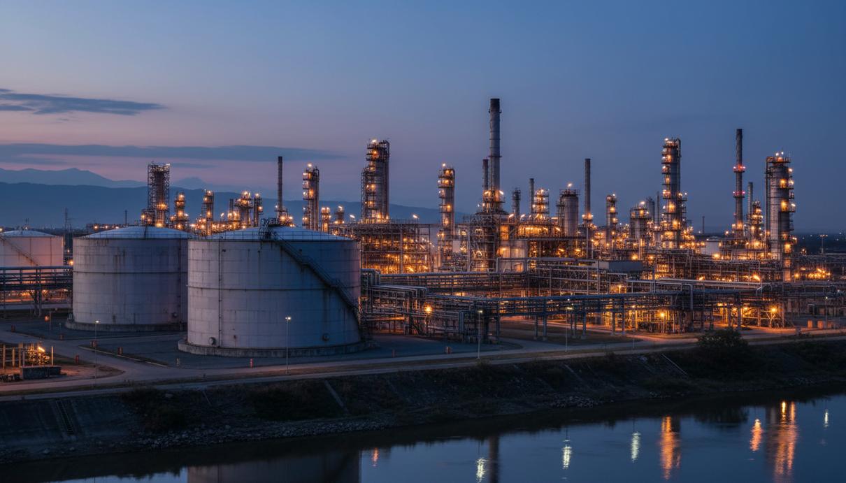 Ecopetrol: забастовка отменена после смены руководства компании Промышленные резервуары и установки нефтеперерабатывающего завода на фоне вечернего неба