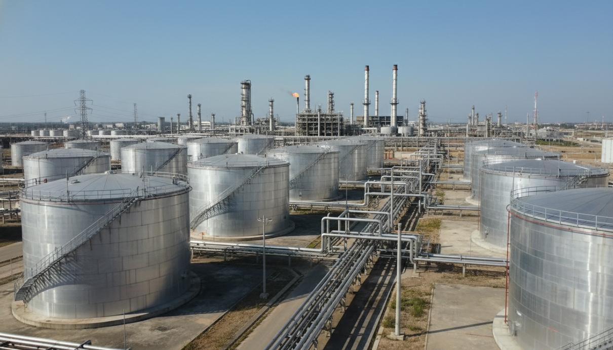 Нефтеперерабатывающий завод с металлическими резервуарами и сетью трубопроводов на фоне неба в Нигерии.