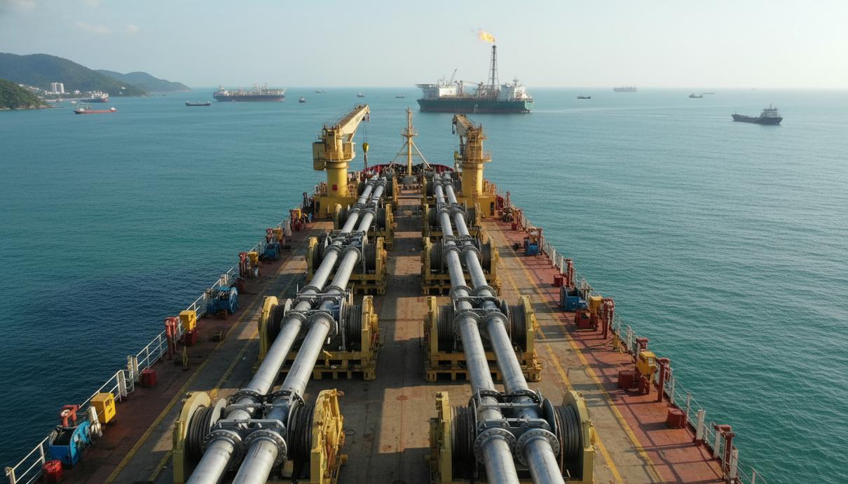 Hunting поставит оборудование для шельфа Гайаны: подробности сделки Титановые компоненты подводного оборудования на палубе судна на фоне плавучей нефтедобывающей платформы