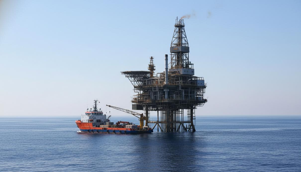 Eni обнаружила новые запасы газа на средиземноморском шельфе Египта Буровая вышка в открытом море у побережья Египта и судно обеспечения на фоне спокойной воды.