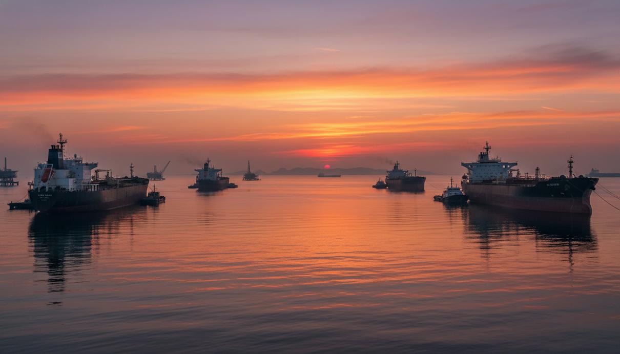 Нефтяные танкеры на якоре в Персидском заливе в предрассветные часы на фоне береговой линии.