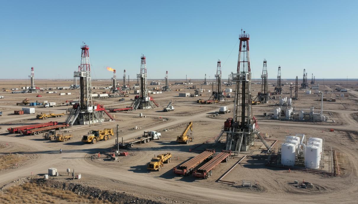 Нефтесервис США: занятость выросла после спада в начале года Вид на нефтяное месторождение с буровыми вышками и оборудованием для обслуживания скважин