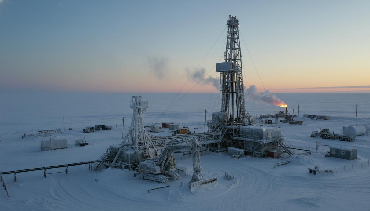 Промышленная площадка для бурения нефтяных скважин среди заснеженной тундры на Аляске.