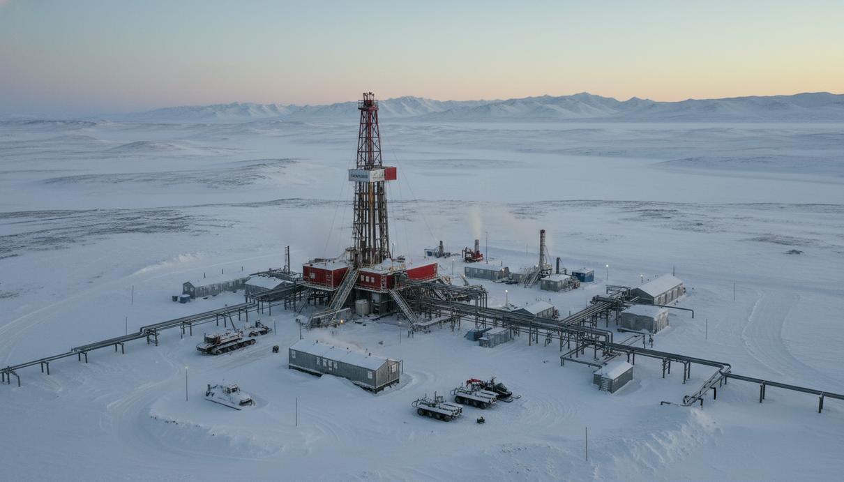 Доходы США от нефтегазовой аренды: рекордные сборы в начале 2026 года Промышленная площадка для разведки нефти в заснеженной арктической тундре Аляски на фоне зимнего горизонта.