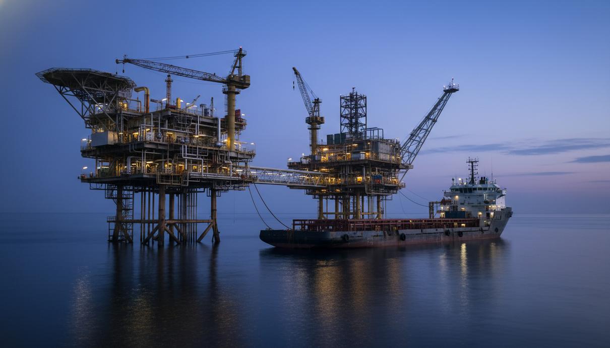 Морская нефтяная платформа и судно снабжения в открытом море в сумерках