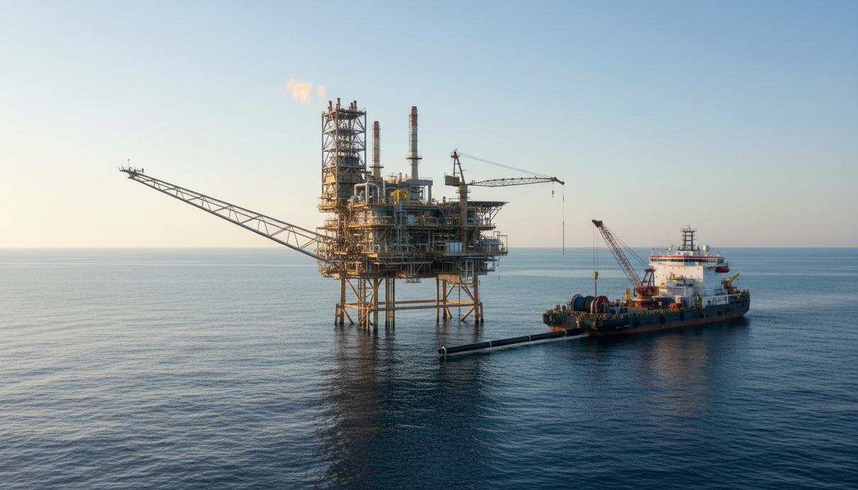 Газовая добывающая платформа в открытом море и промышленное судно для прокладки трубопровода.