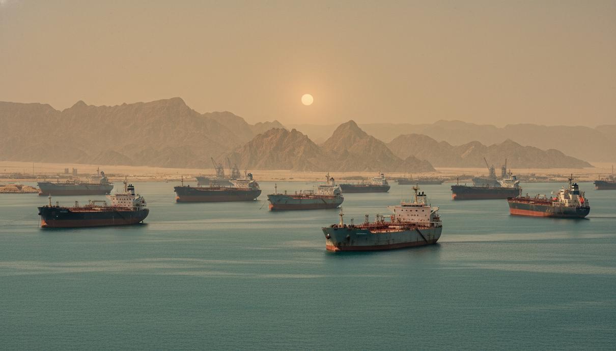 Очередь из нефтяных танкеров в Персидском заливе на фоне скалистого берега и дымки.