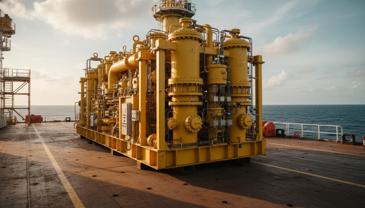 Желтый насосный модуль для подводной добычи нефти на палубе судна в море