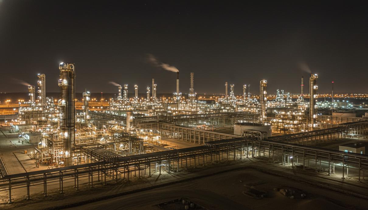 Освещенные промышленными огнями технологические установки и трубопроводы нефтеперерабатывающего завода