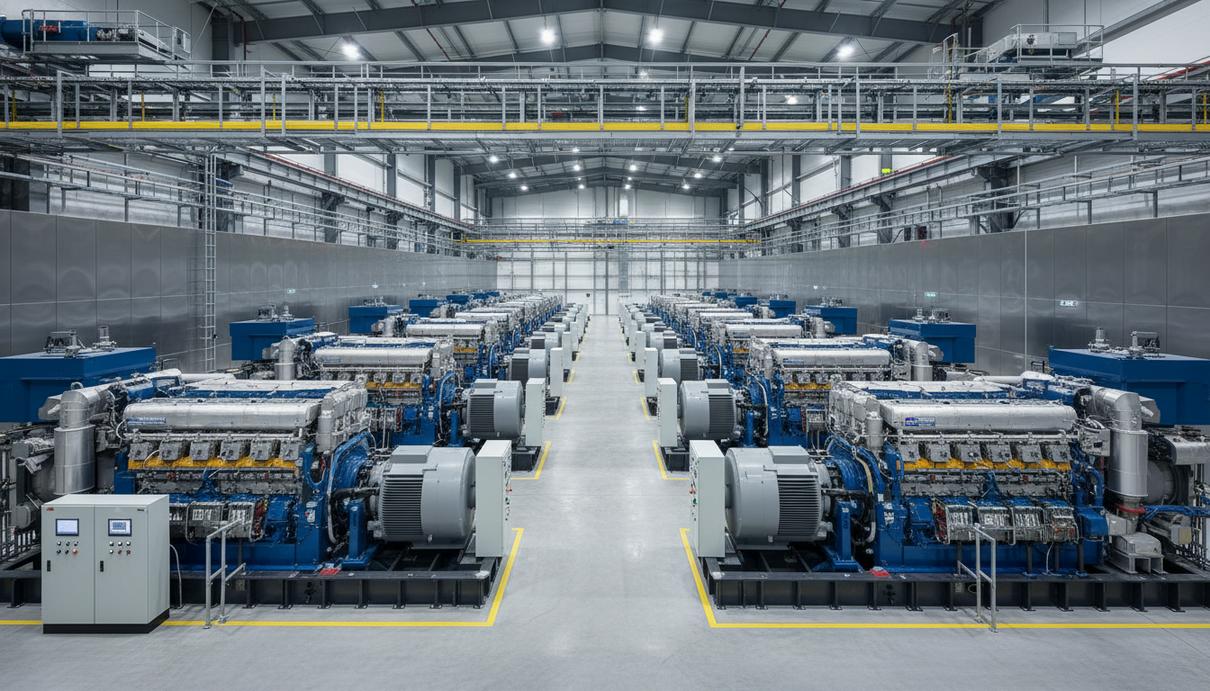 INNIO поставит Rehlko газопоршневые установки мощностью до 1,25 ГВт Ряд промышленных газопоршневых установок в современном машинном зале электростанции.