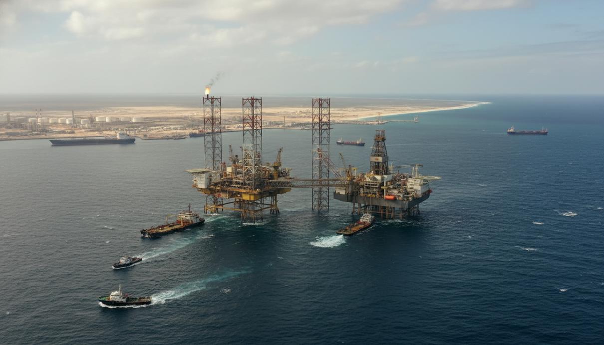 TotalEnergies планирует нарастить добычу нефти и газа в странах Африки Нефтяная платформа и буровое судно в океане у африканского побережья