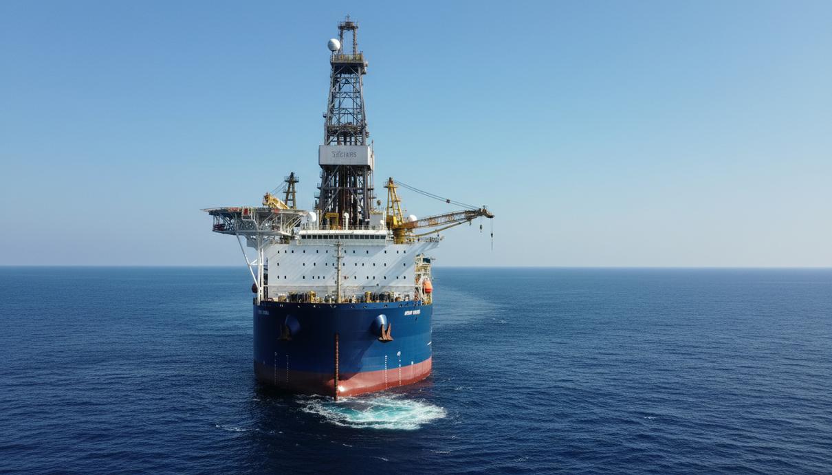 Современное буровое судно со сверхглубоководным оборудованием в открытом океане на фоне горизонта.
