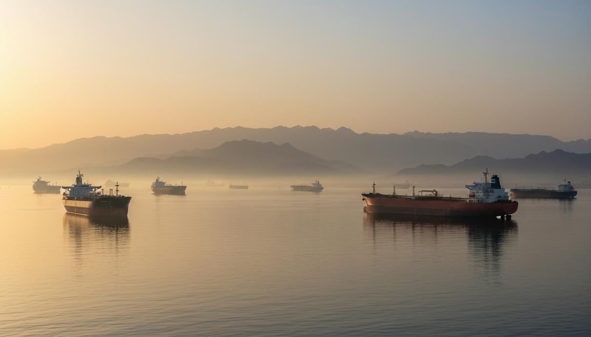Нефтяные танкеры в Ормузском проливе на фоне скалистых берегов в предрассветной дымке