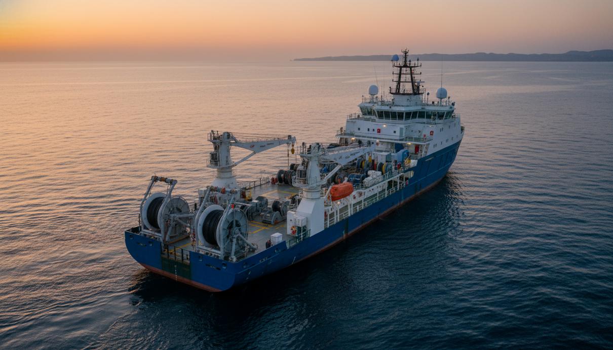 Научно-исследовательское судно для сейсмической разведки на шельфе Намибии в лучах заката
