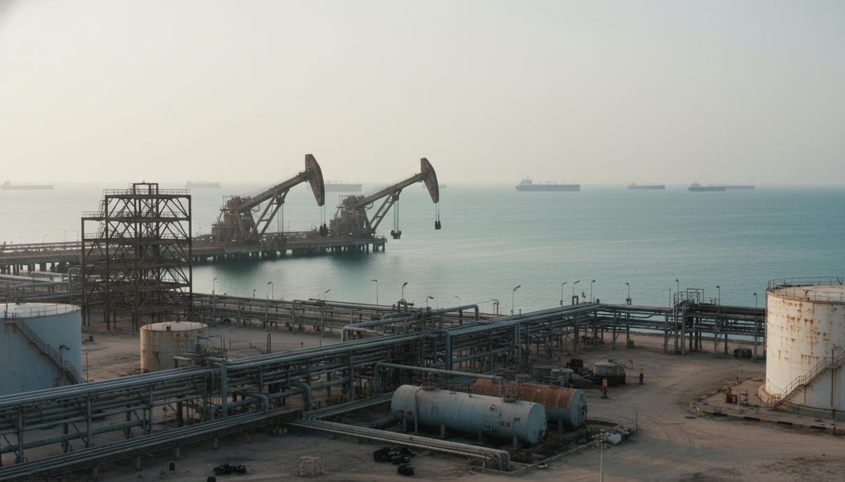 Пустой нефтяной терминал и неподвижные танкеры в море на фоне индустриального побережья в дымке