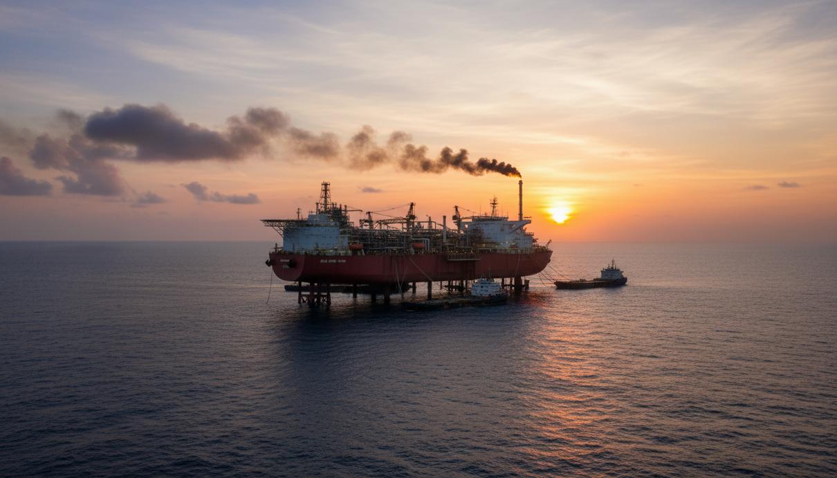 TotalEnergies открыла месторождение в Конго: запасы оценены в 100 млн баррелей Плавучая нефтедобывающая платформа в океане у побережья Республики Конго на закате.