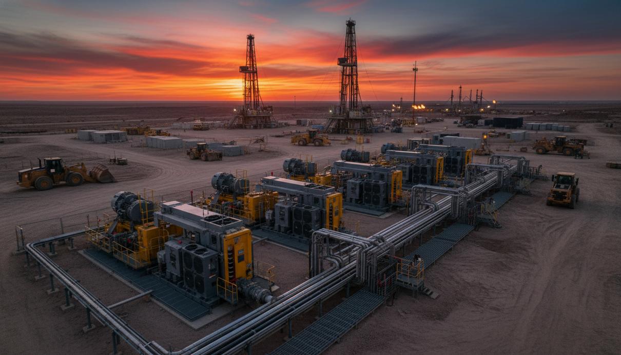 Оборудование для гидравлического разрыва пласта и промышленные установки на фоне пустыни в Аргентине