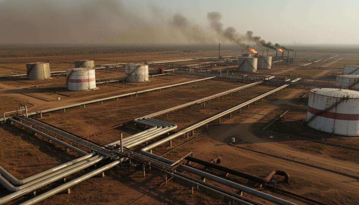 Нефтедобывающий комплекс в поясе Ориноко с промышленными резервуарами и сетью трубопроводов.