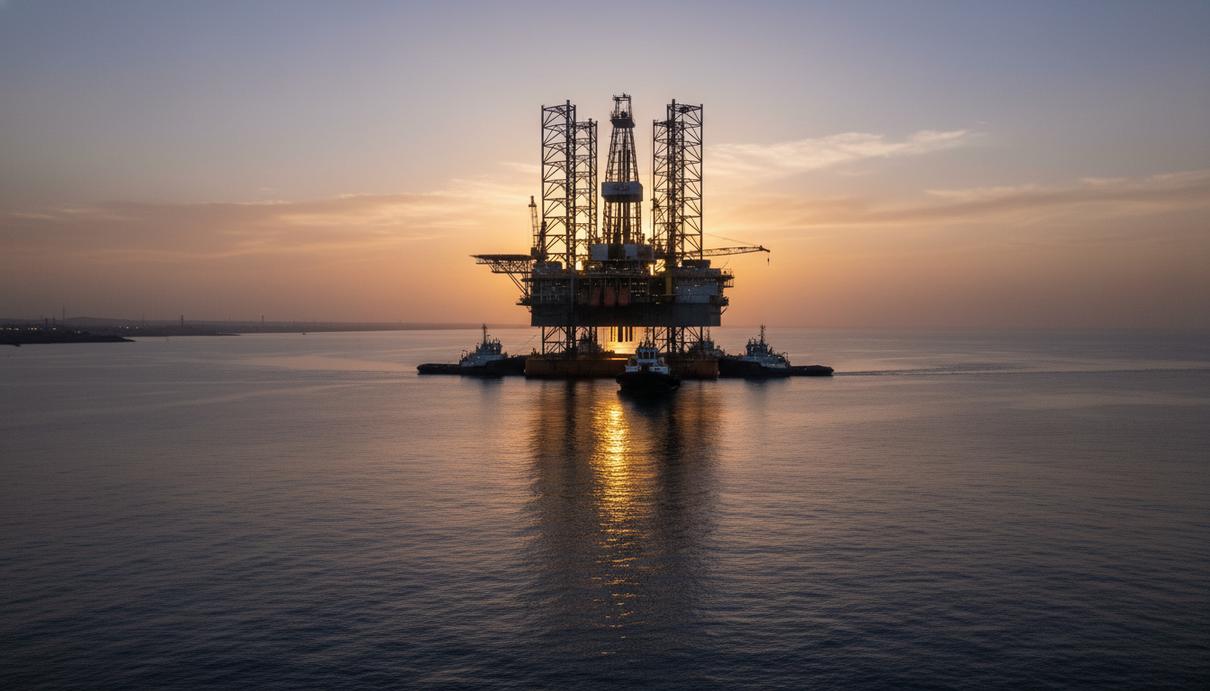 Морская буровая установка и буксировочные суда в Суэцком заливе на закате