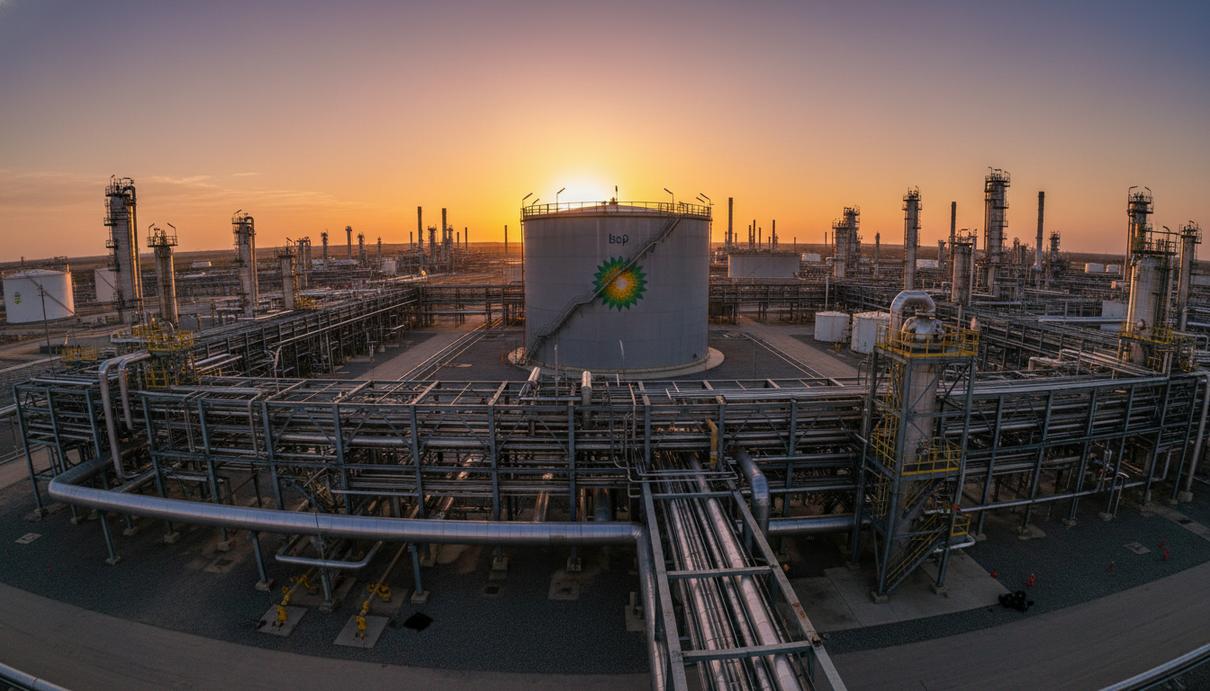 Промышленный пейзаж нефтеперерабатывающего завода с логотипом компании на резервуаре в лучах заката