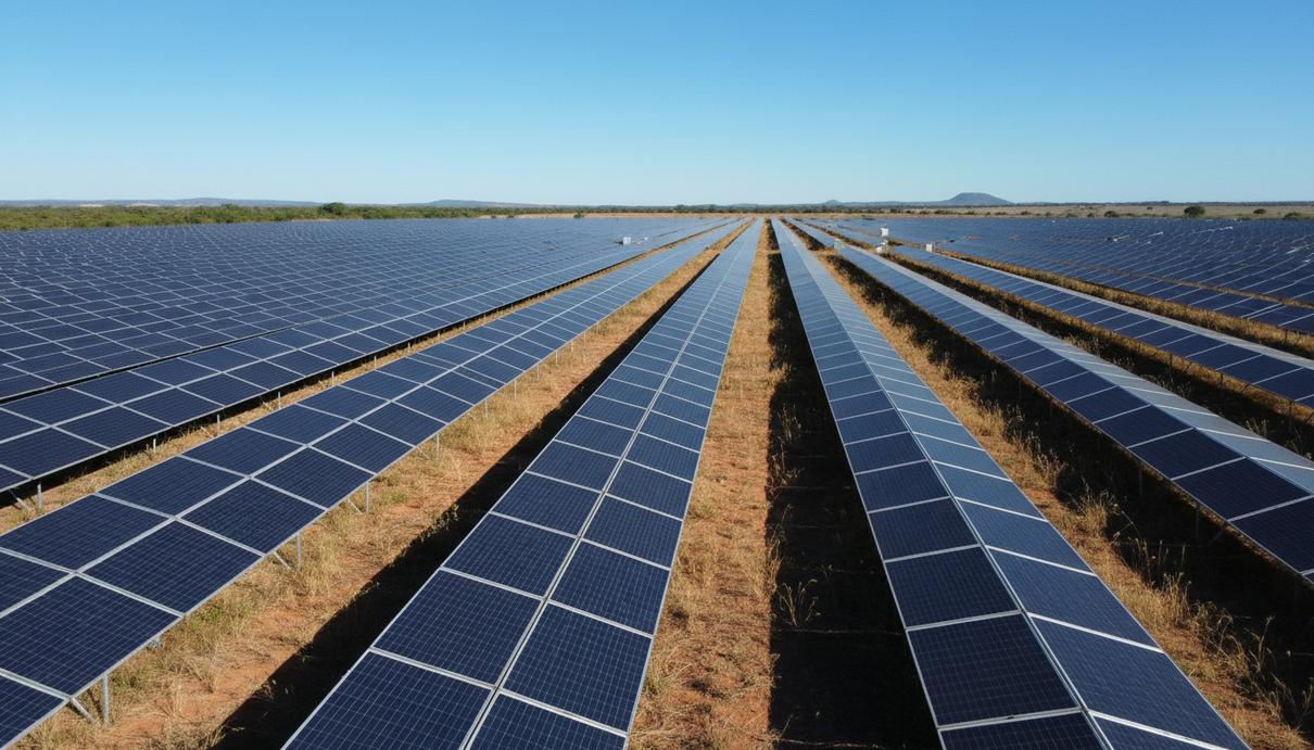 Ряды солнечных панелей на электростанции Mendubim в Бразилии под ясным небом