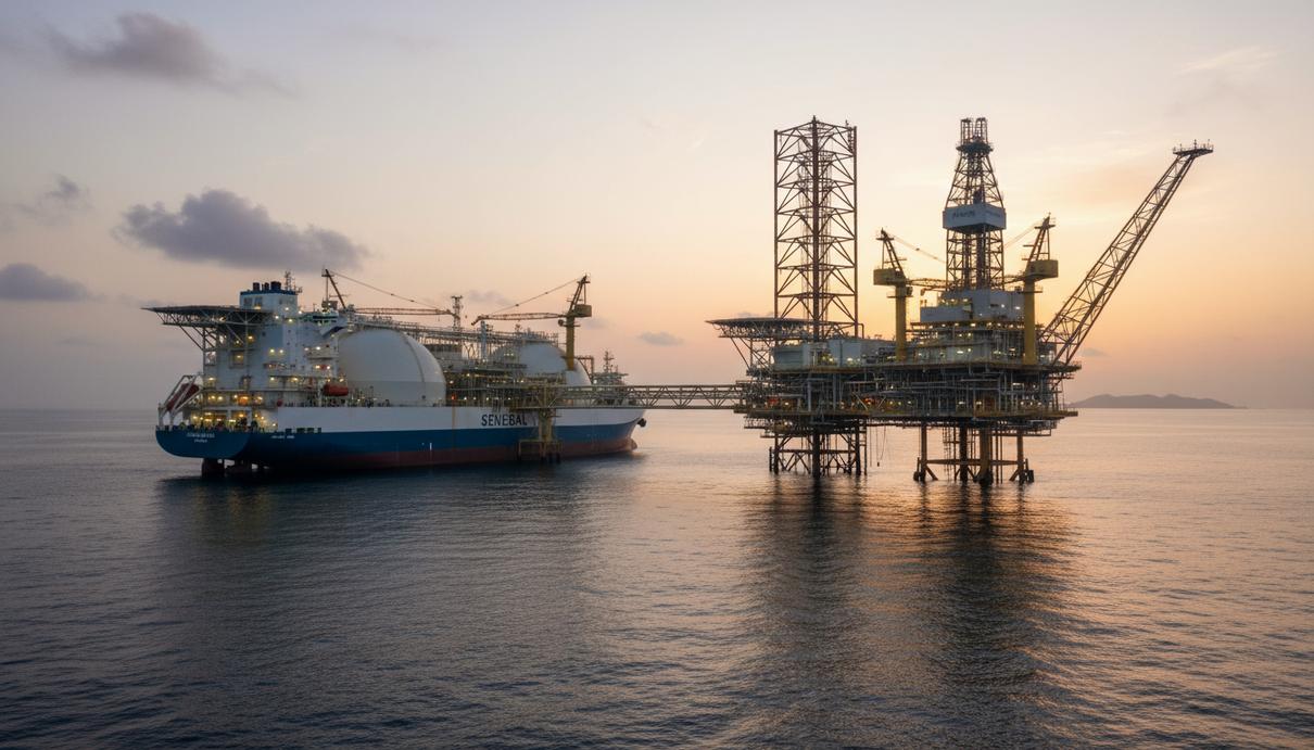 Сенегал наращивает добычу углеводородов и обновляет отраслевое законодательство Морская добывающая платформа и судно для производства сжиженного газа в Атлантическом океане у берегов Сенегала.