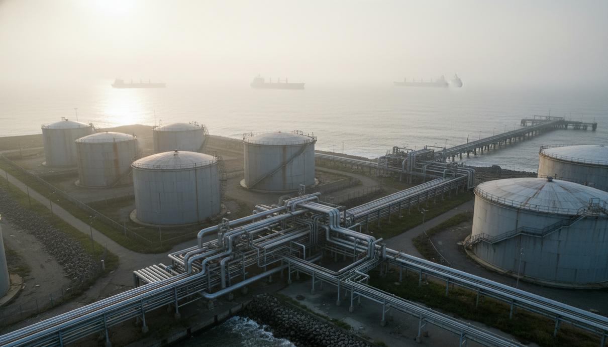 Промышленный нефтяной терминал на побережье с металлическими резервуарами и грузовыми судами на горизонте