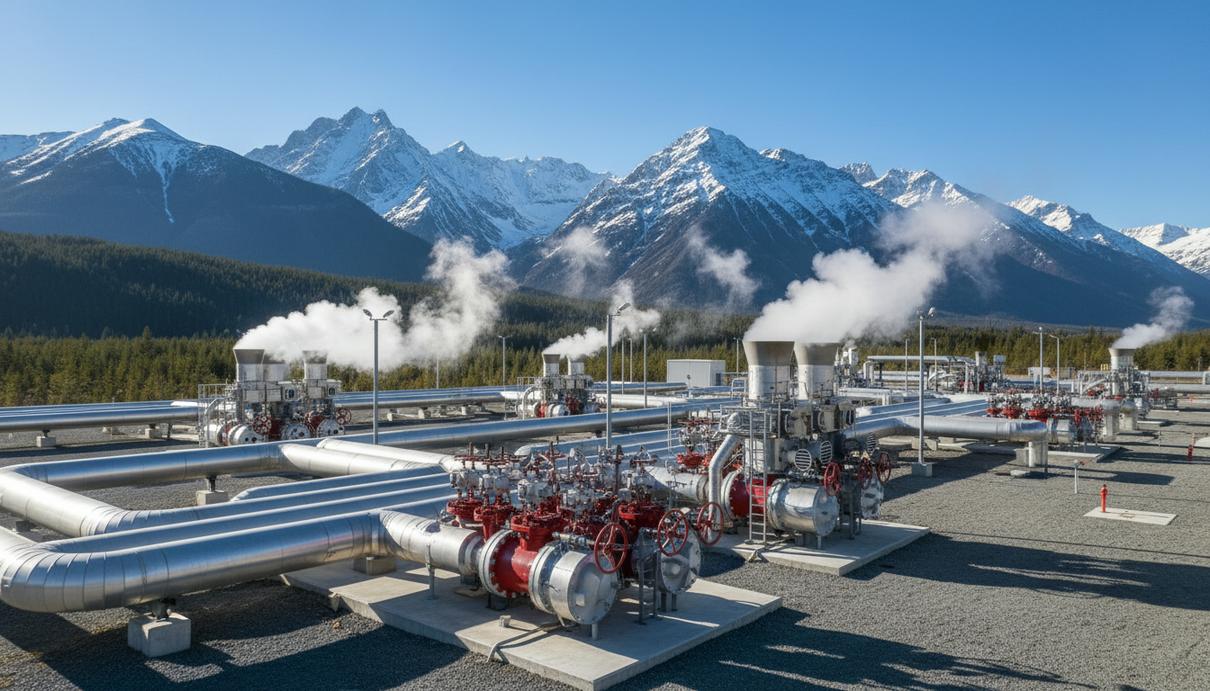 Промышленные трубы и технологические узлы геотермальной станции на фоне пара и горного пейзажа