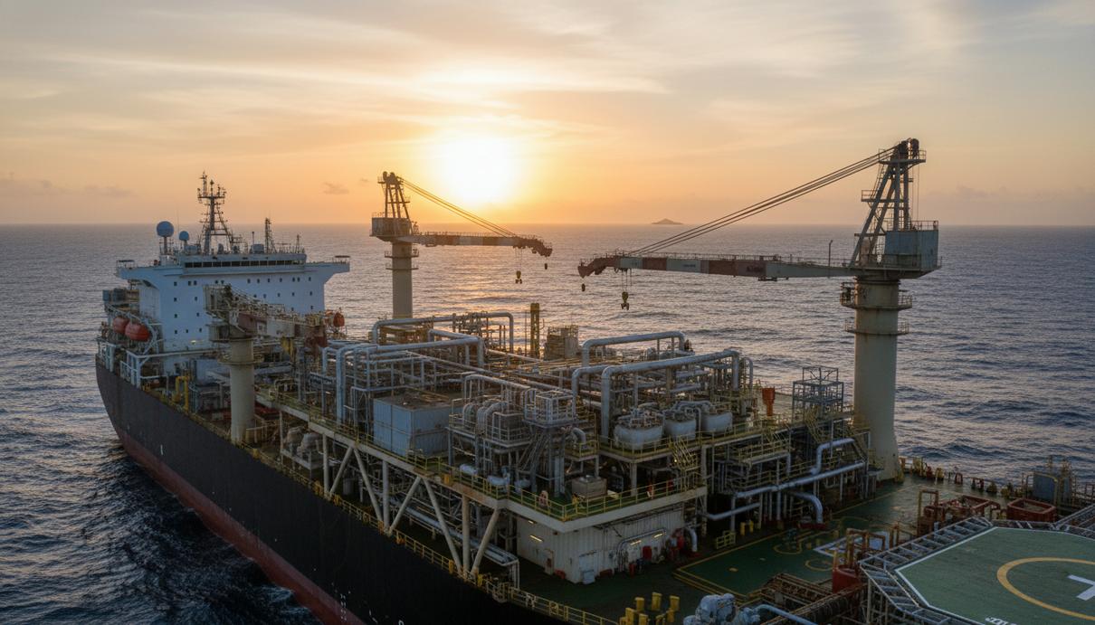 Нефтедобывающее судно FPSO в открытом океане у берегов Бразилии на закате