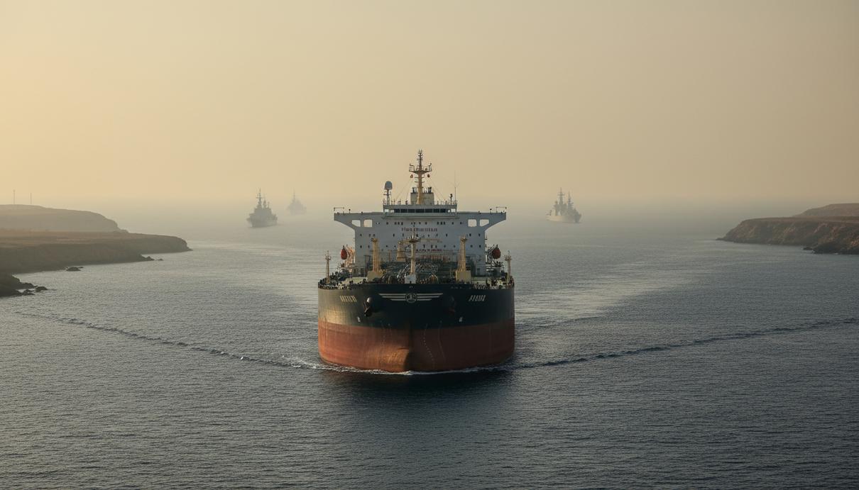 Нефтяной танкер в море на фоне силуэтов военных кораблей в туманной дымке над горизонтом