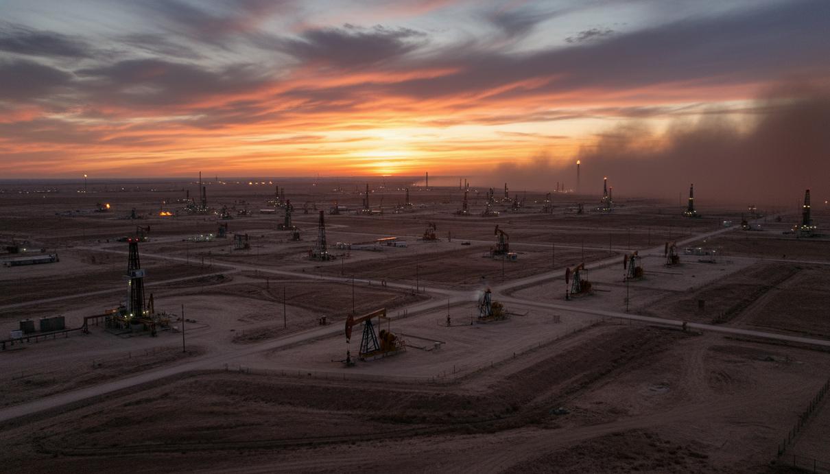 Нефтяные вышки и насосные установки на равнинах бассейна Пермиан в предзакатных сумерках