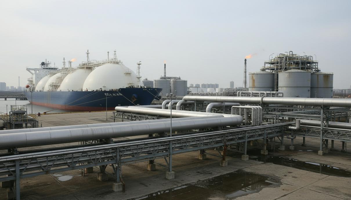 Современный морской танкер для перевозки сжиженного газа у причала промышленного терминала