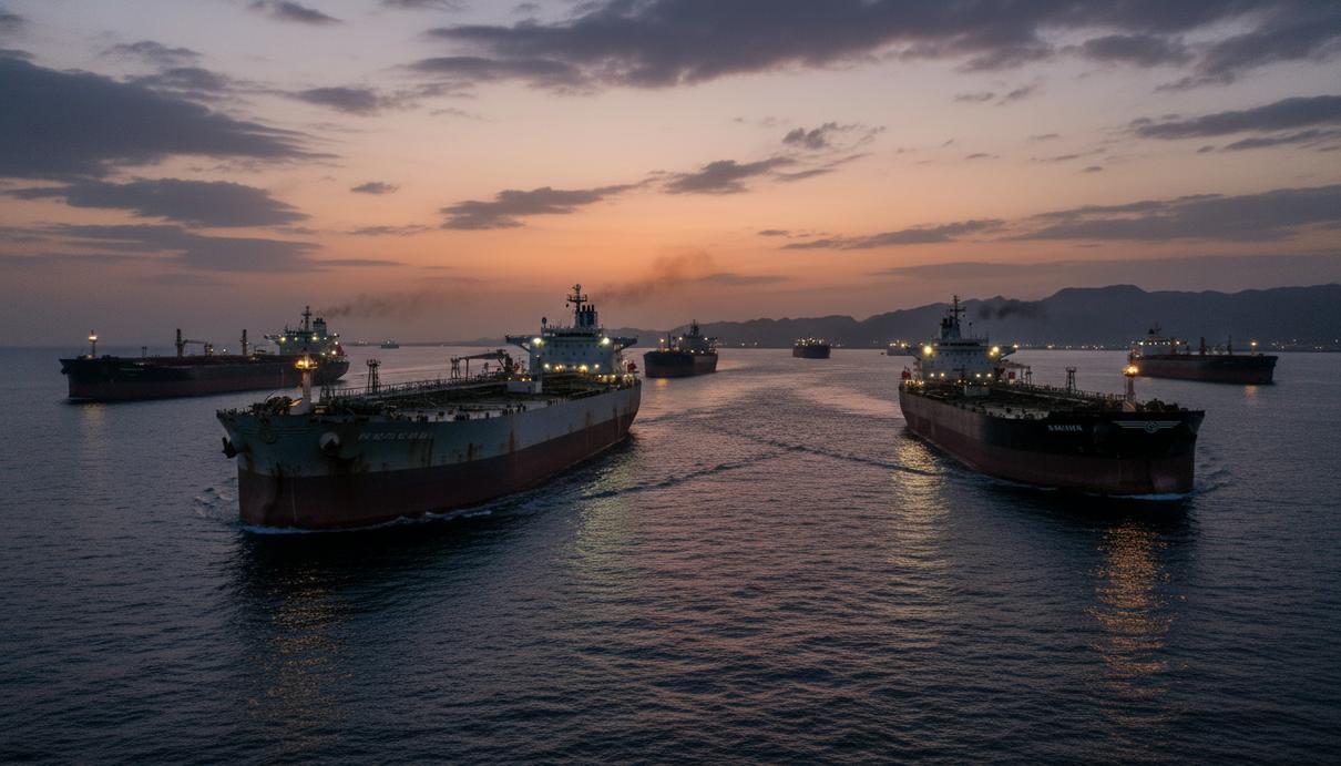 Нефтяные танкеры в Ормузском проливе на фоне вечернего неба и темной воды