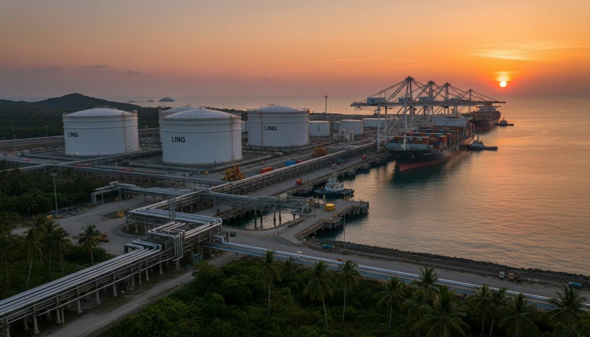 Промышленный порт с резервуарами для сжиженного газа, трубопроводами и пришвартованными грузовыми судами на закате.