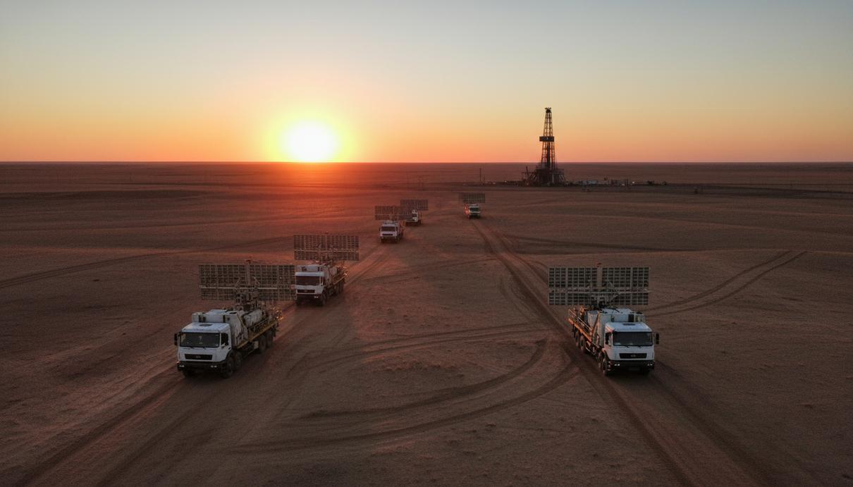 Буровая вышка и техника для сейсмической разведки нефти в бескрайней степи на фоне вечернего неба.