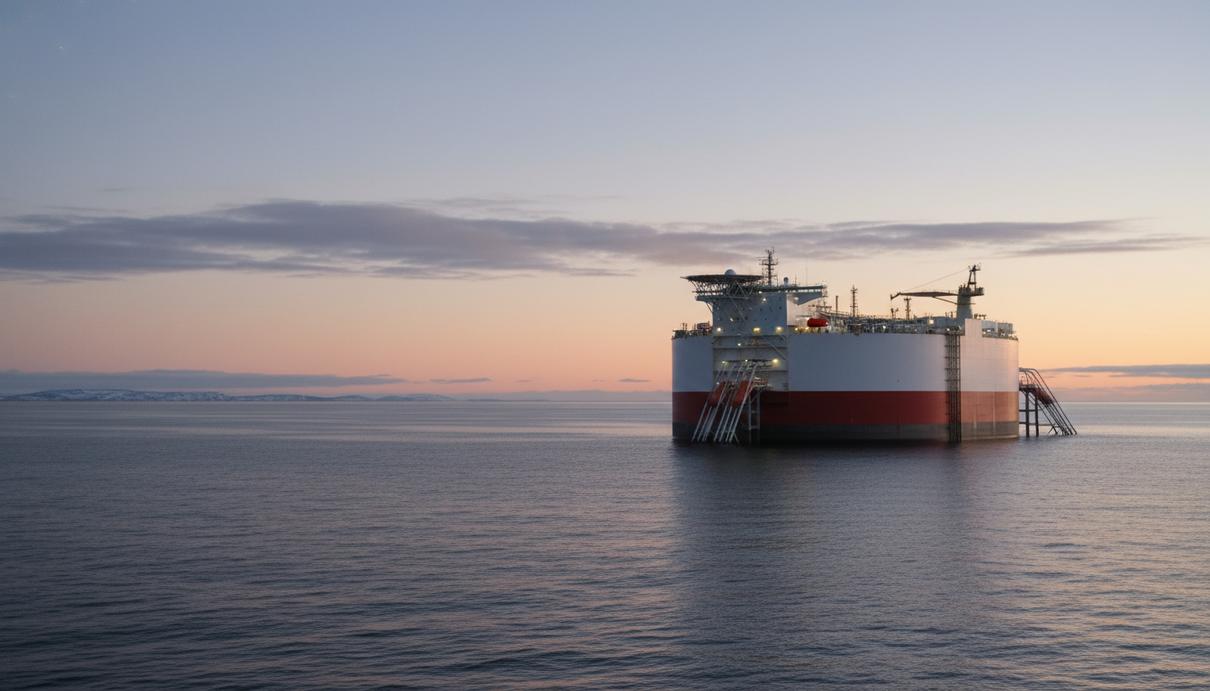 Плавучая нефтедобывающая платформа в открытом море на фоне арктического пейзажа