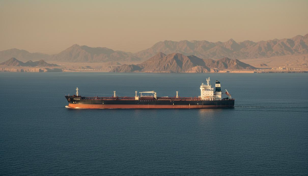 Крупный нефтяной танкер проходит через узкий пролив на фоне скалистых гор и спокойного моря