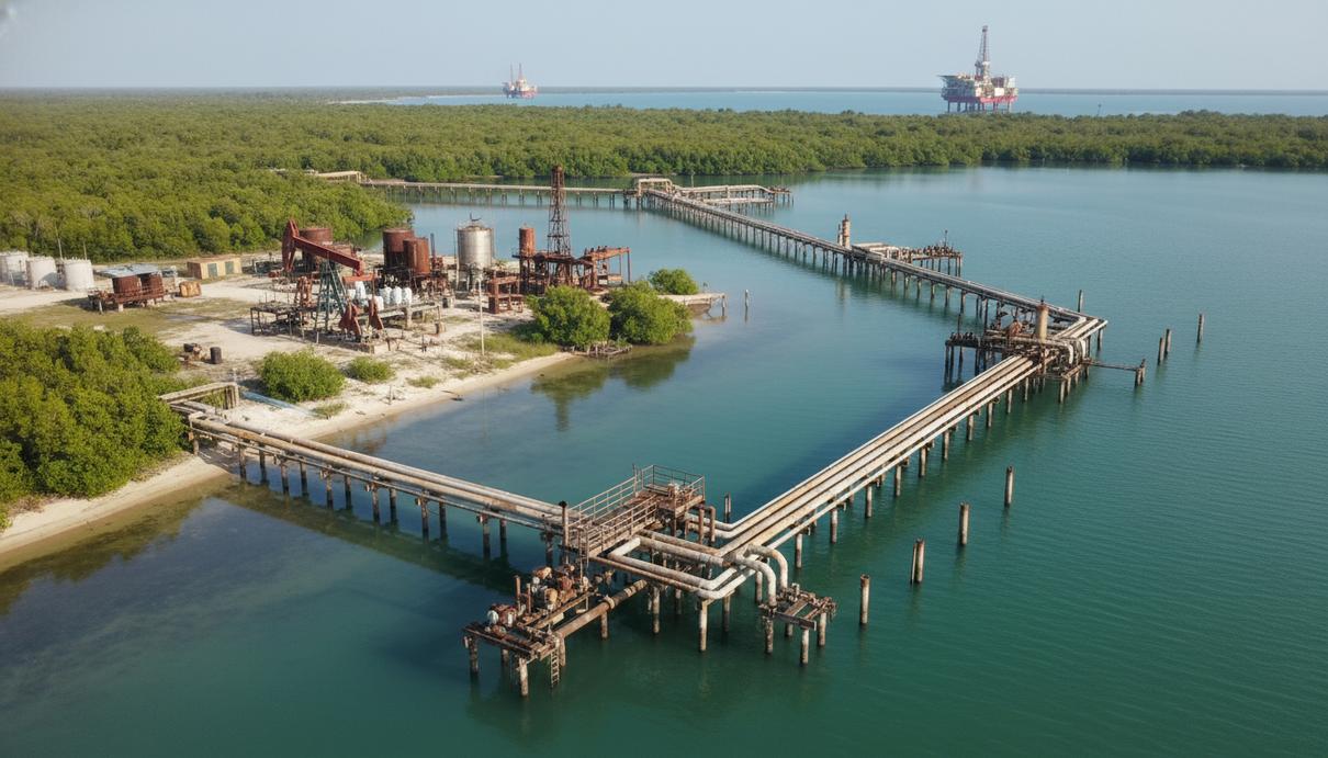 Промышленная инфраструктура и трубопроводы на фоне тропической лагуны в Габоне