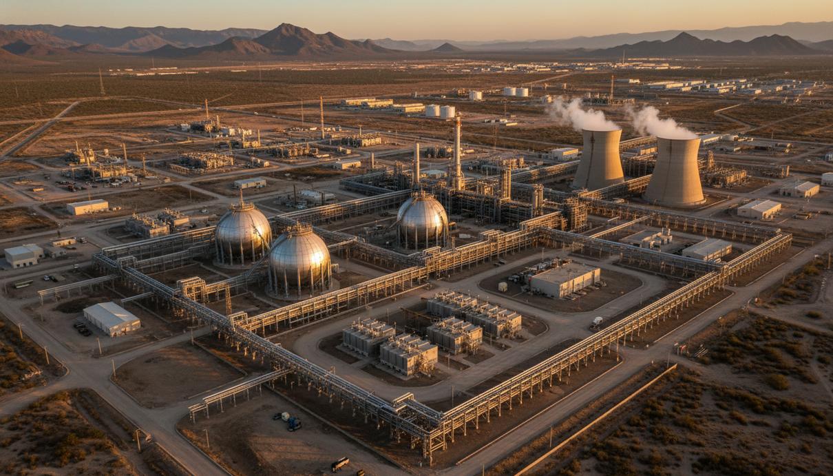 Промышленный пейзаж с газоперерабатывающим заводом, сферическими хранилищами и сетью трубопроводов на закате