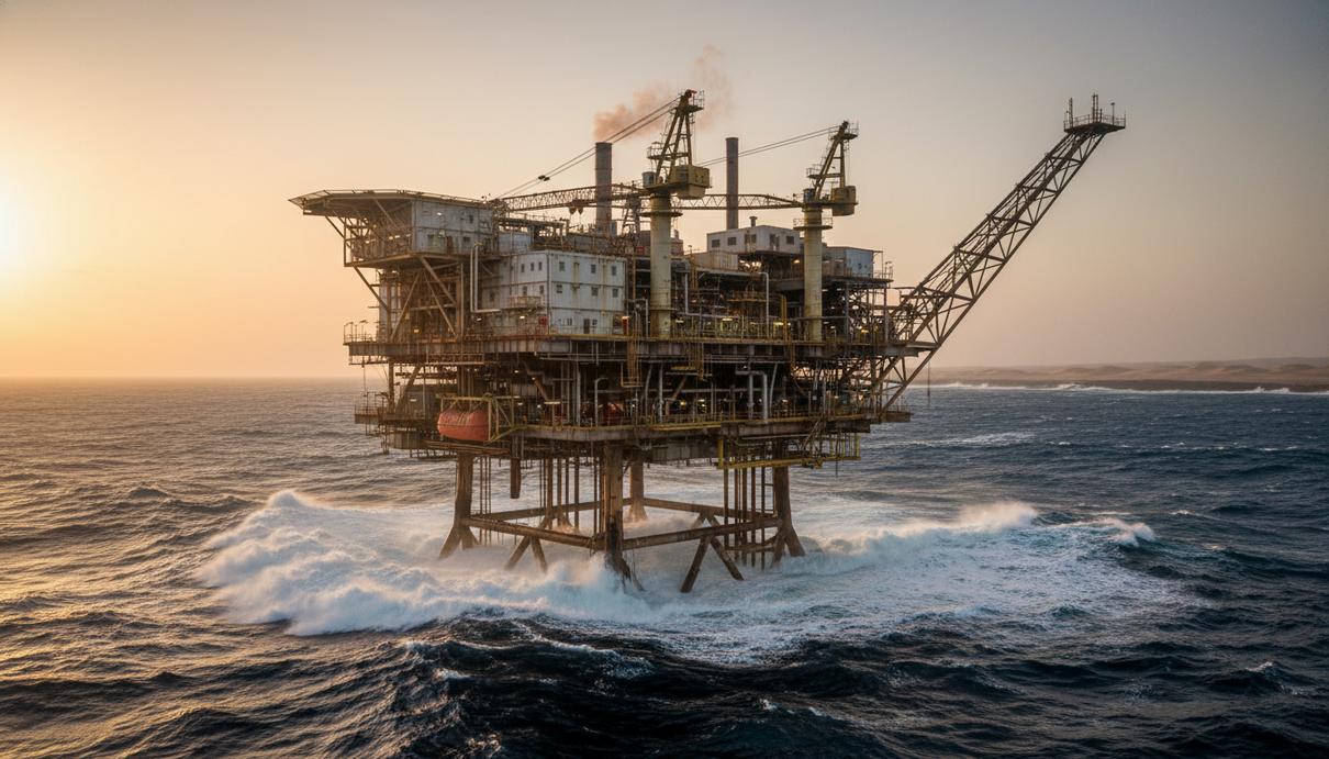 Промышленная нефтяная платформа в открытом море у побережья Намибии на рассвете.