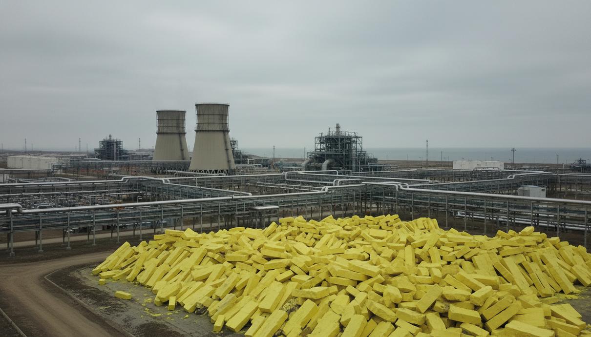 Промышленные установки нефтяного месторождения и массивные горы желтой серы на открытом складе