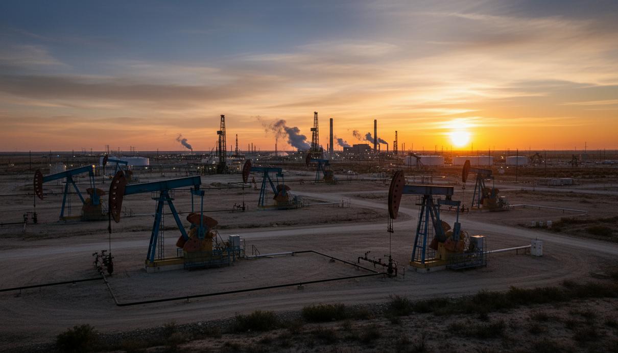 Нефтяные вышки-качалки в пустынном пейзаже Техаса на фоне заката