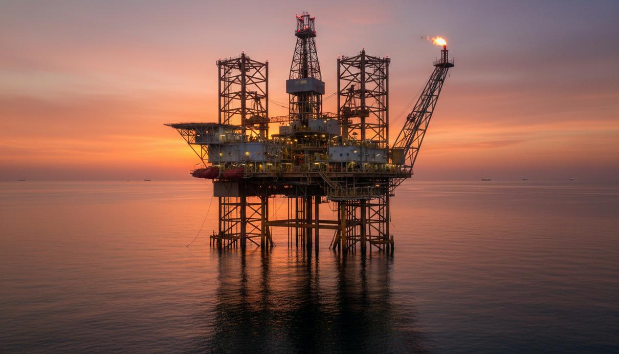 Нефтяная платформа на мелководье в Мексиканском заливе на фоне заката