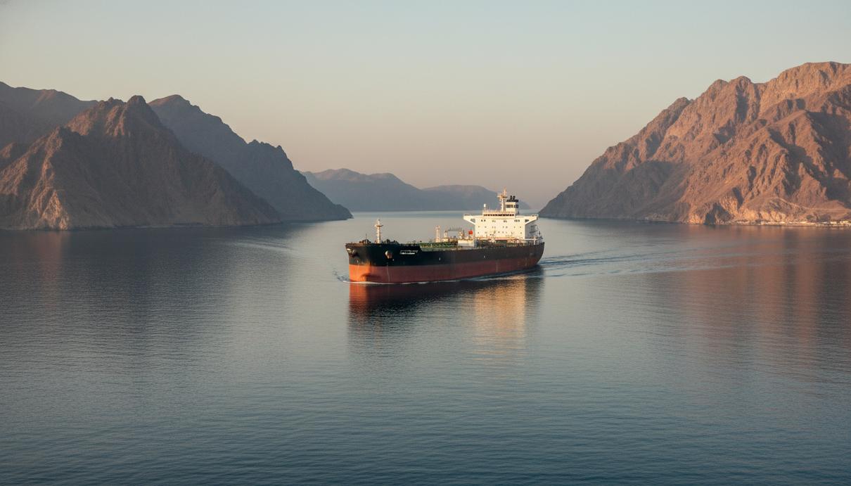 Крупный нефтяной танкер следует через Ормузский пролив на фоне пустынного побережья и гор.